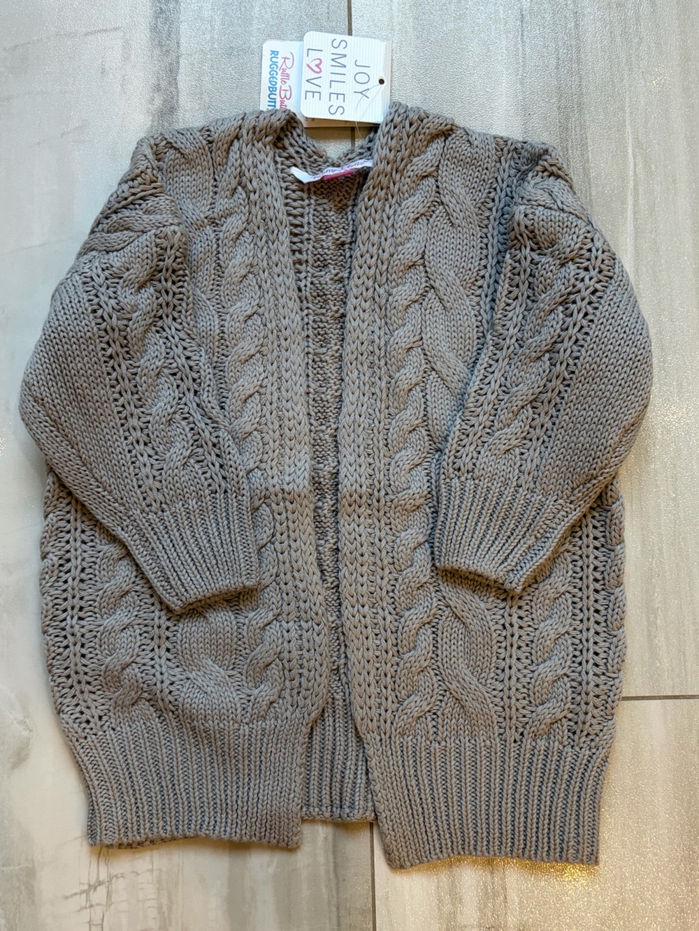 NWT RuffleButts Neutral Gray Chunky Cable Knit Open Style Cardigan Girls 12-24M